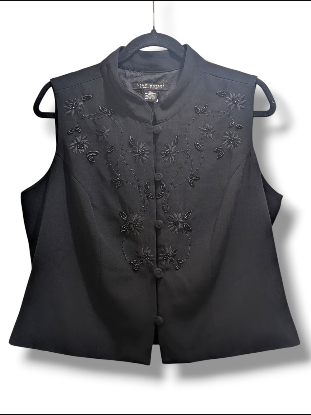 Lane Bryant Black Sleeveless Embroidered Mandarin-Collar Vest Top- 14